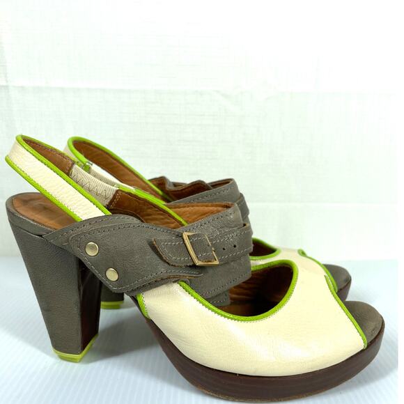 CHIE MIHARA Peep Toe Platform Heels Size 6 Leather Colorblock Wood Heel Retro - Picture 2 of 12